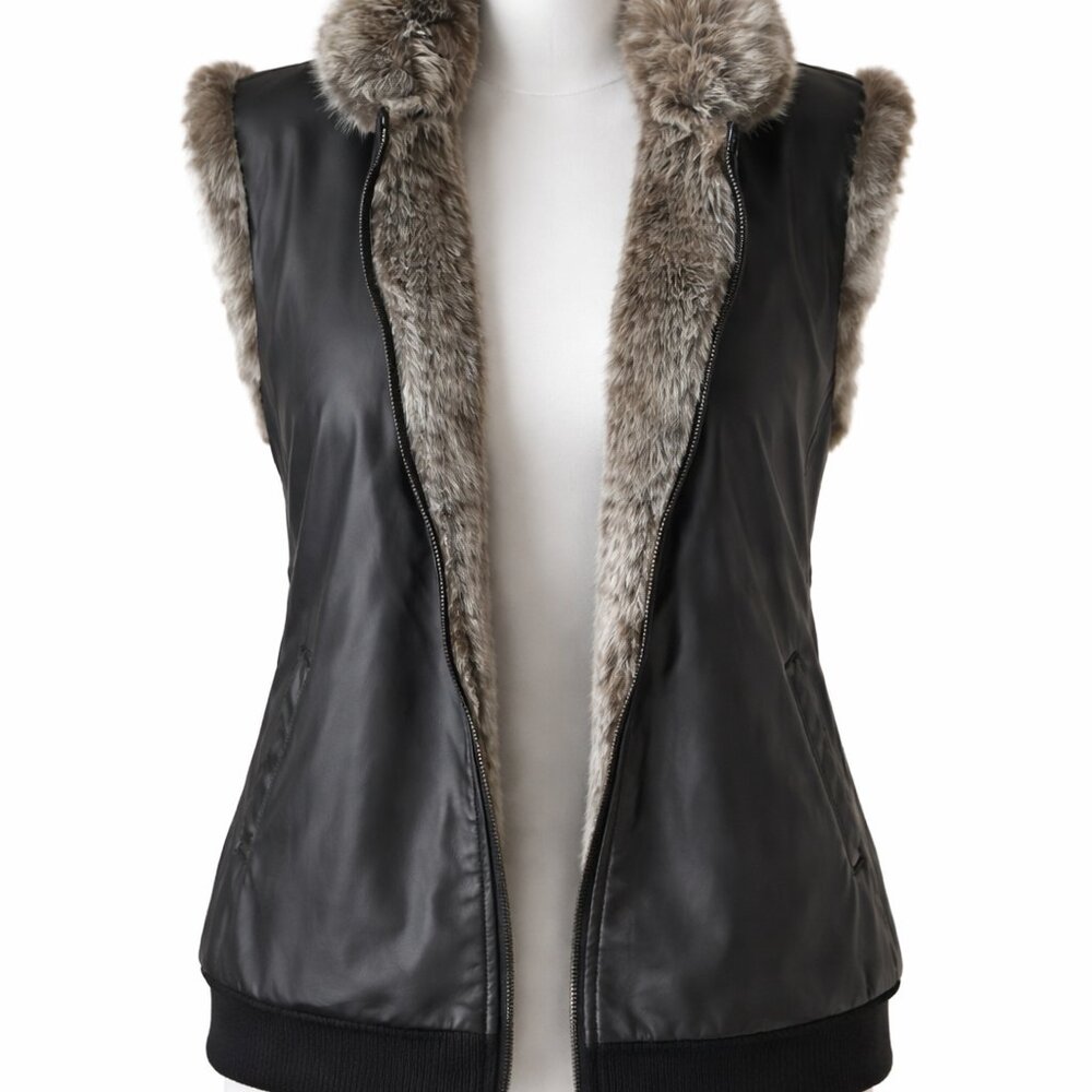 Braetan Reversible Faux Fur Vest Sz M Taupe / Black Zip Front - Picture 4 of 5